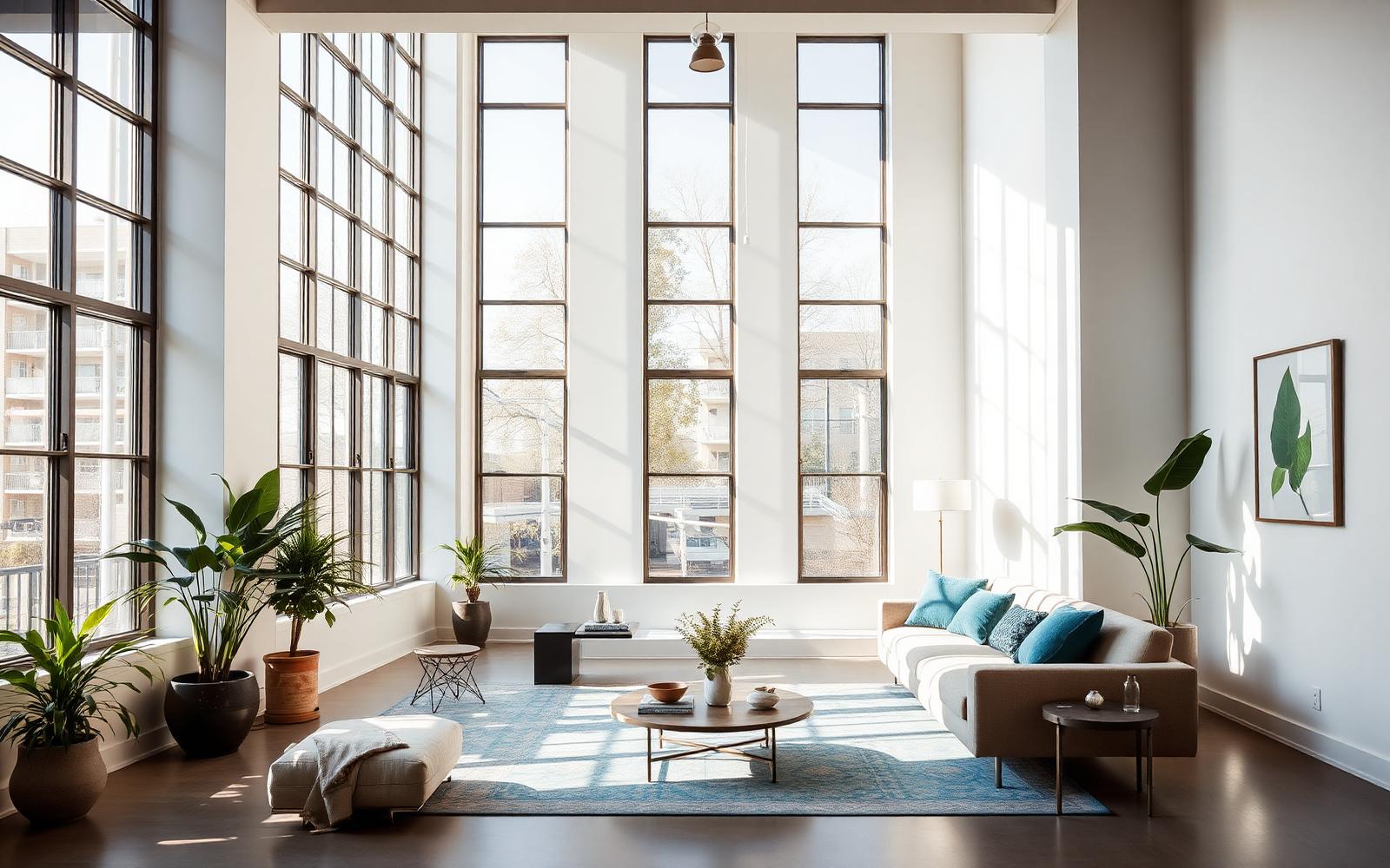 Sunlit Atlanta loft living room with tall windows and teal accents